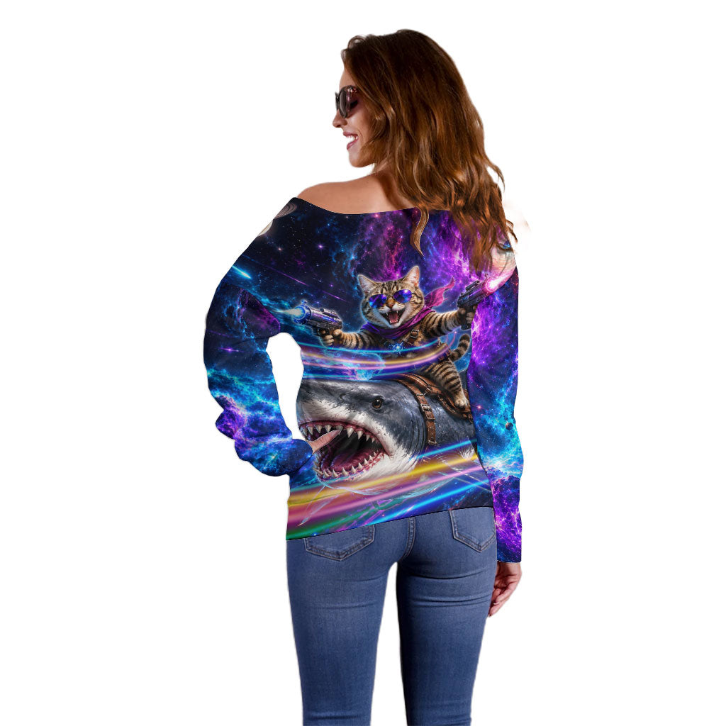 Cat Riding Shark In Space Off Shoulder Sweater Funny Cosmic Laser Cat And Shark Surreal Sci-Fi