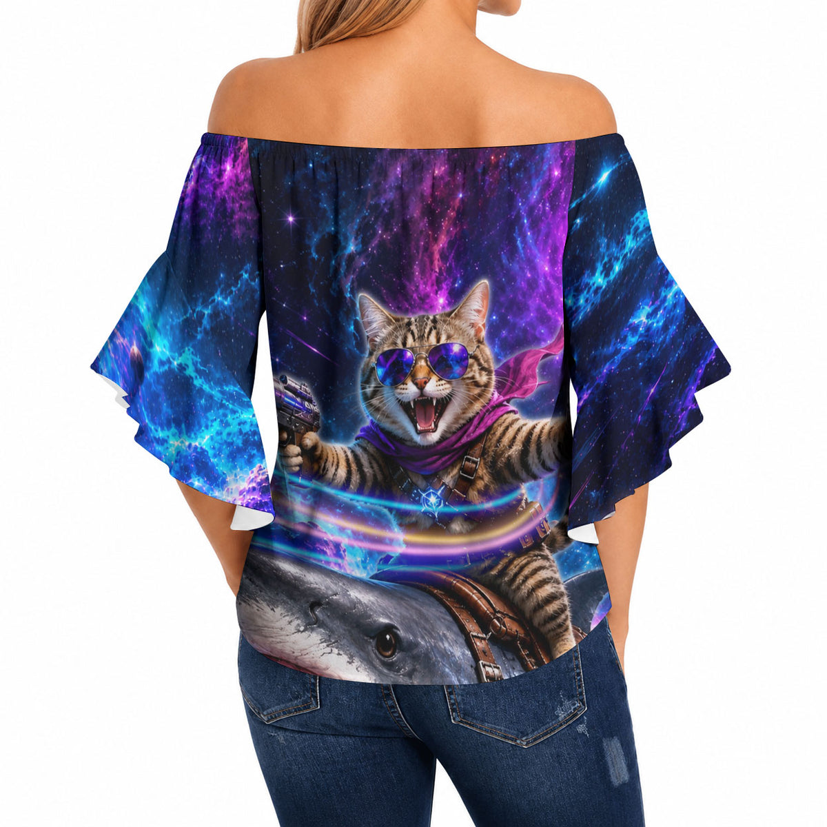 Cat Riding Shark In Space Off Shoulder Wrap Waist Top Funny Cosmic Laser Cat And Shark Surreal Sci-Fi