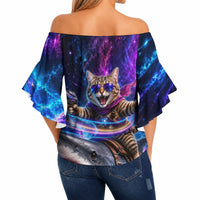 Cat Riding Shark In Space Off Shoulder Wrap Waist Top Funny Cosmic Laser Cat And Shark Surreal Sci-Fi