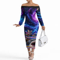 Cat Riding Shark In Space Off The Shoulder Long Sleeve Dress Funny Cosmic Laser Cat And Shark Surreal Sci-Fi