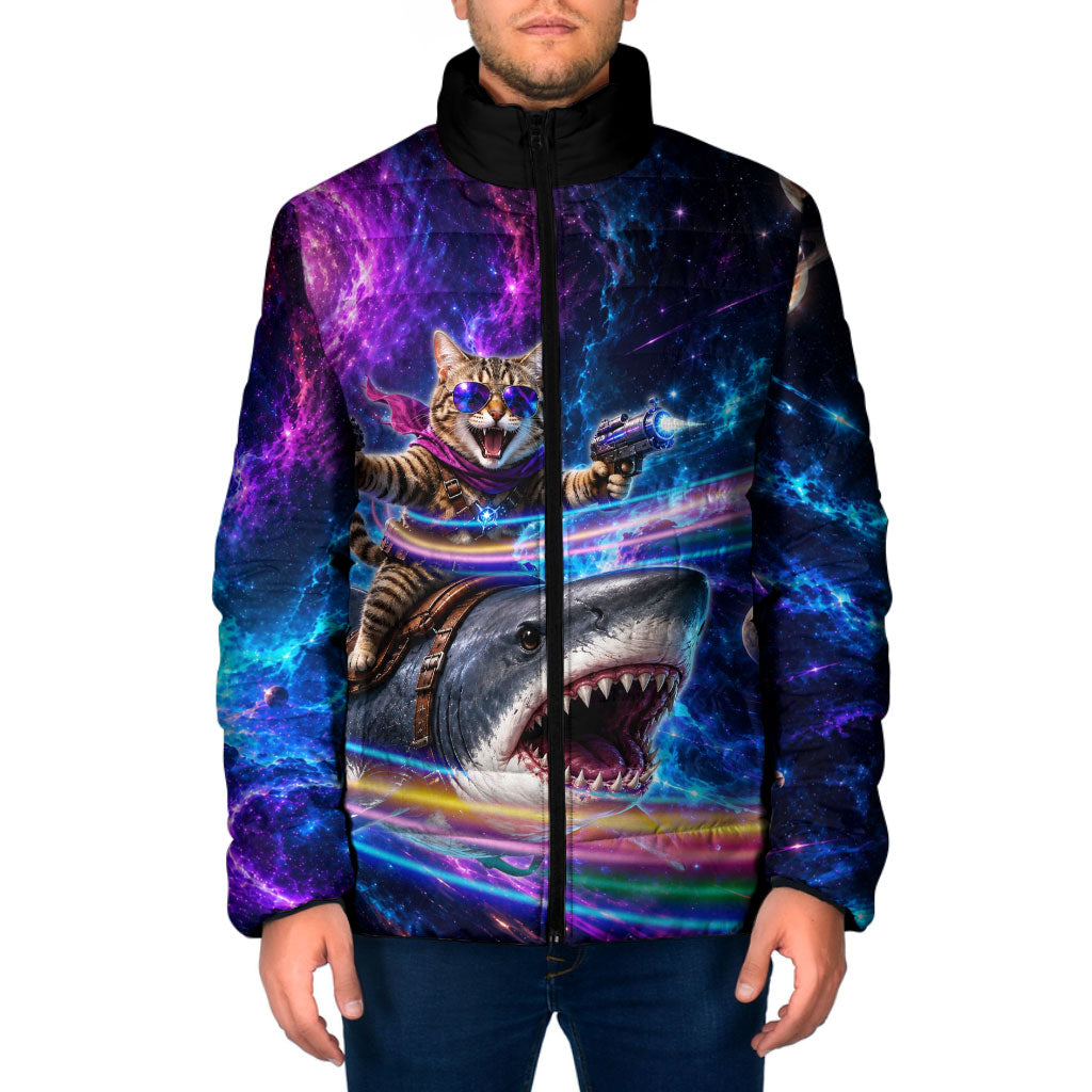 Cat Riding Shark In Space Padded Jacket Funny Cosmic Laser Cat And Shark Surreal Sci-Fi