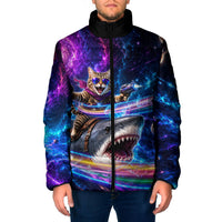 Cat Riding Shark In Space Padded Jacket Funny Cosmic Laser Cat And Shark Surreal Sci-Fi