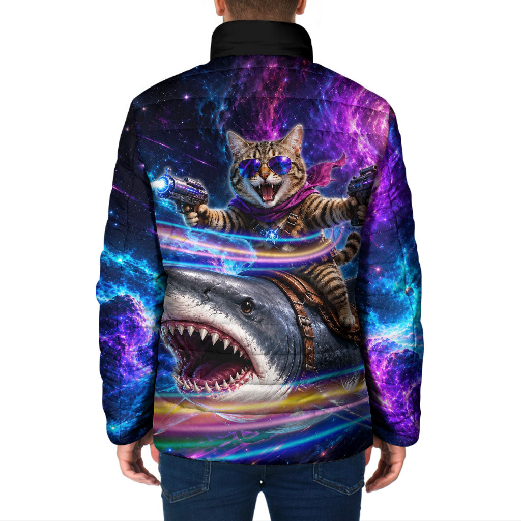 Cat Riding Shark In Space Padded Jacket Funny Cosmic Laser Cat And Shark Surreal Sci-Fi