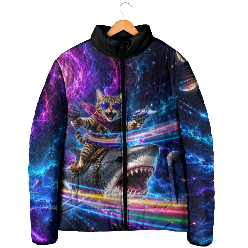 Cat Riding Shark In Space Padded Jacket Funny Cosmic Laser Cat And Shark Surreal Sci-Fi