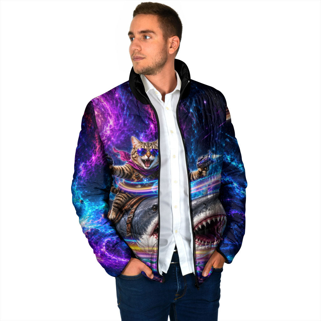 Cat Riding Shark In Space Padded Jacket Funny Cosmic Laser Cat And Shark Surreal Sci-Fi