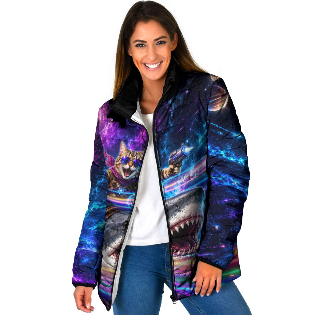 Cat Riding Shark In Space Padded Jacket Funny Cosmic Laser Cat And Shark Surreal Sci-Fi