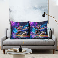 Cat Riding Shark In Space Pillow Cover Funny Cosmic Laser Cat And Shark Surreal Sci-Fi