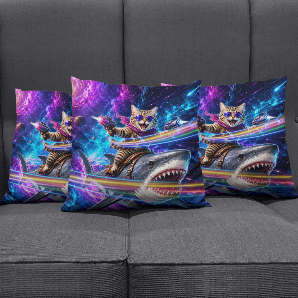 Cat Riding Shark In Space Pillow Cover Funny Cosmic Laser Cat And Shark Surreal Sci-Fi