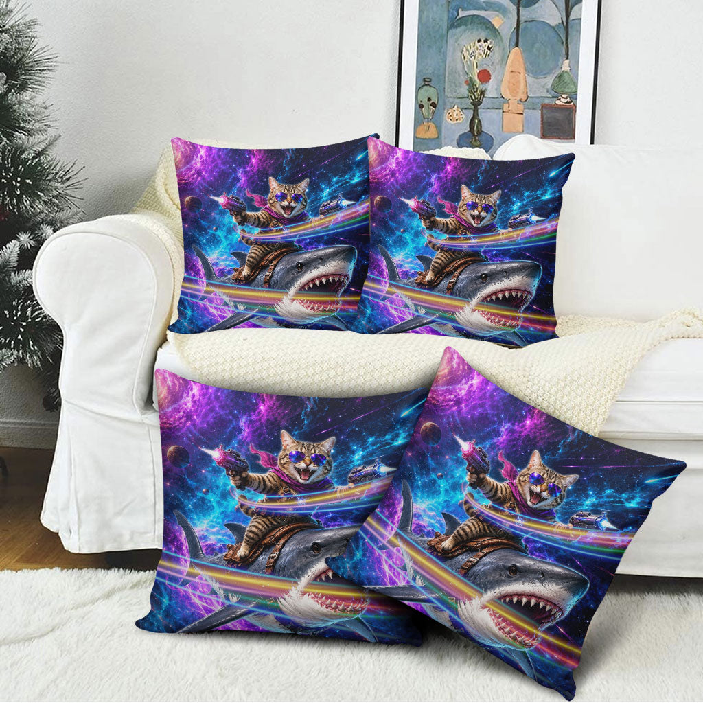 Cat Riding Shark In Space Pillow Cover Funny Cosmic Laser Cat And Shark Surreal Sci-Fi