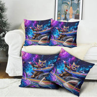 Cat Riding Shark In Space Pillow Cover Funny Cosmic Laser Cat And Shark Surreal Sci-Fi