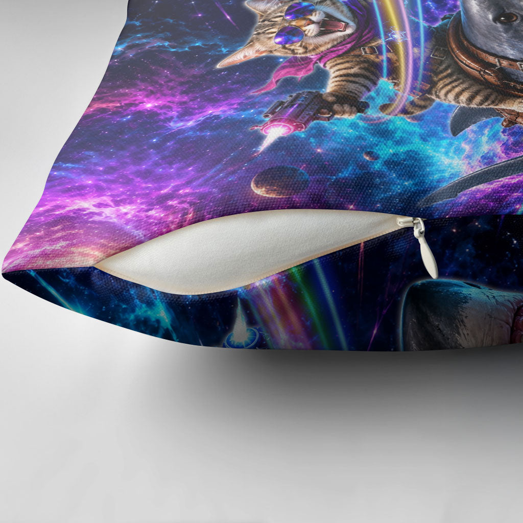 Cat Riding Shark In Space Pillow Cover Funny Cosmic Laser Cat And Shark Surreal Sci-Fi