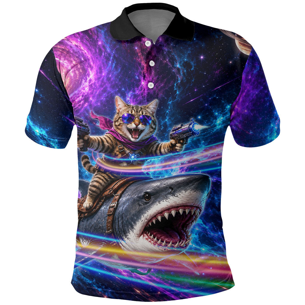 Cat Riding Shark In Space Polo Shirt Funny Cosmic Laser Cat And Shark Surreal Sci-Fi