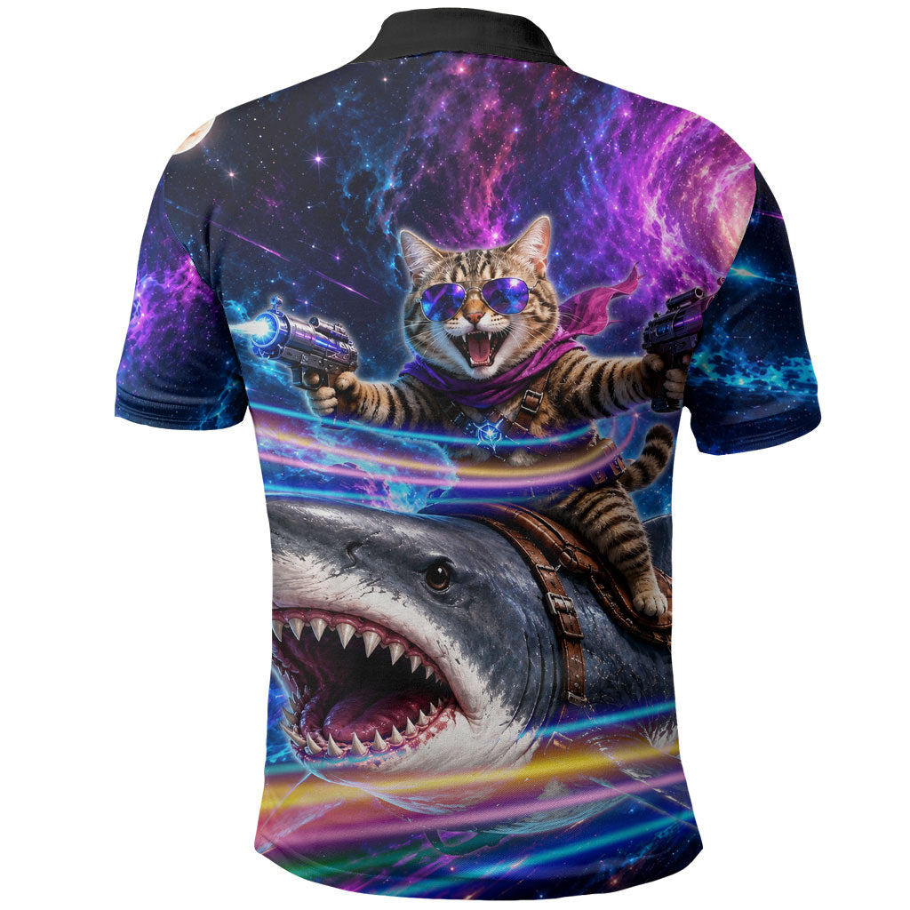 Cat Riding Shark In Space Polo Shirt Funny Cosmic Laser Cat And Shark Surreal Sci-Fi