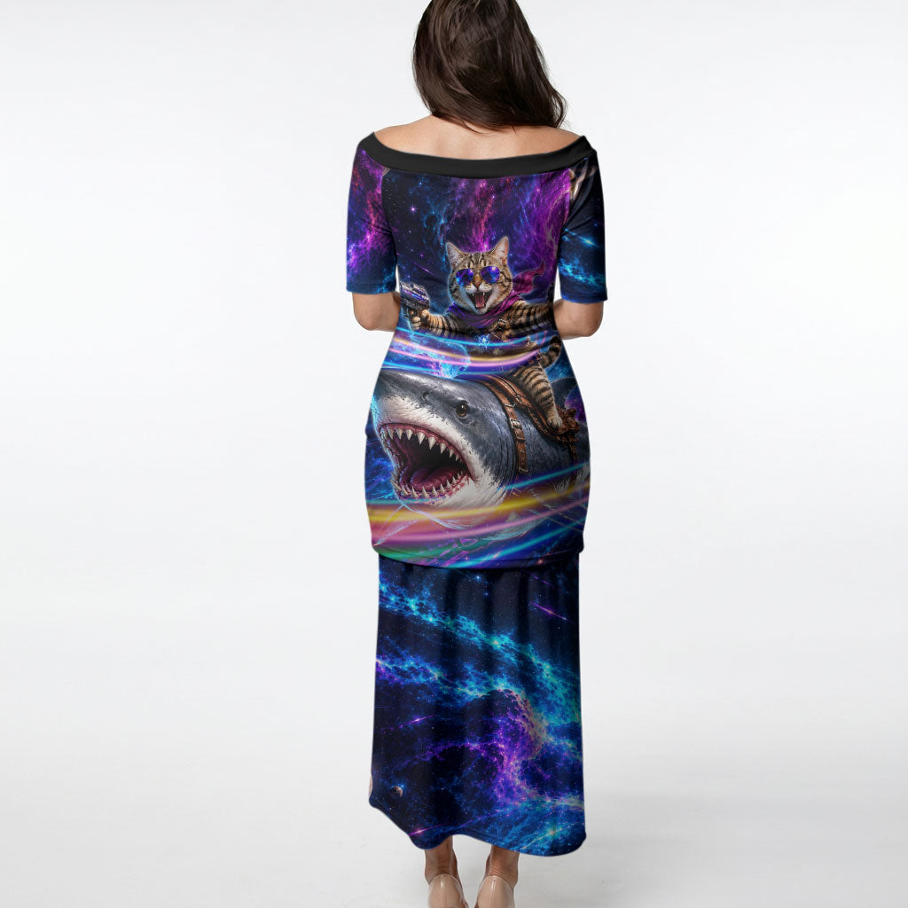 Cat Riding Shark In Space Puletasi Funny Cosmic Laser Cat And Shark Surreal Sci-Fi