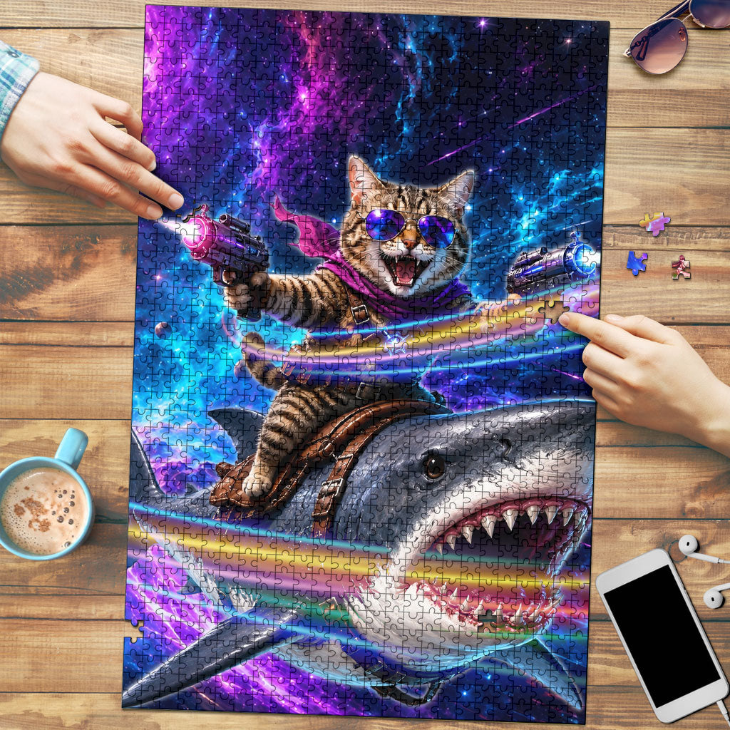Cat Riding Shark In Space Puzzle Funny Cosmic Laser Cat And Shark Surreal Sci-Fi