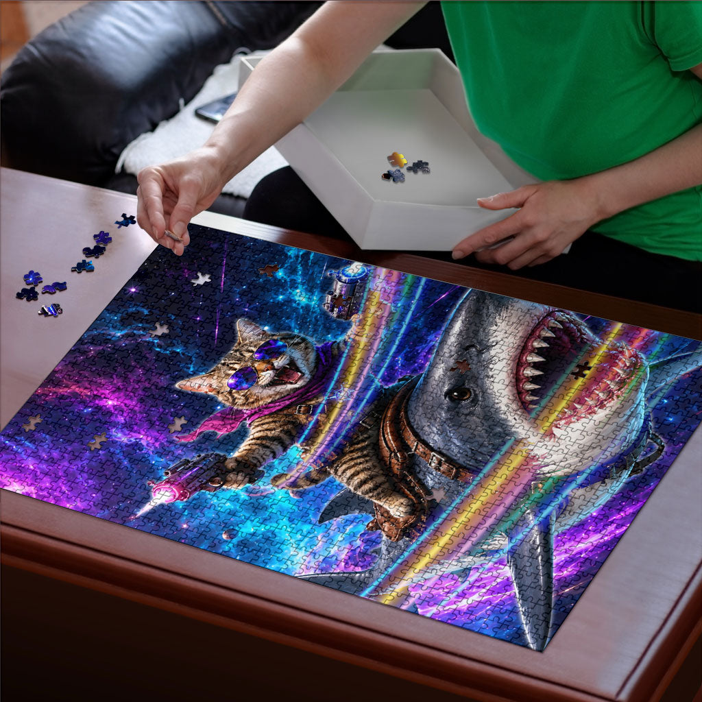 Cat Riding Shark In Space Puzzle Funny Cosmic Laser Cat And Shark Surreal Sci-Fi