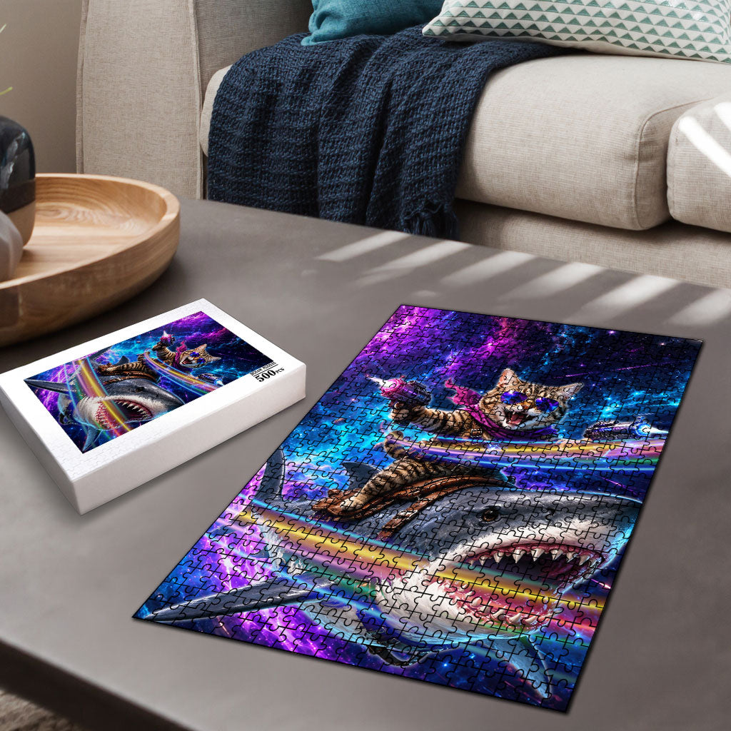 Cat Riding Shark In Space Puzzle Funny Cosmic Laser Cat And Shark Surreal Sci-Fi
