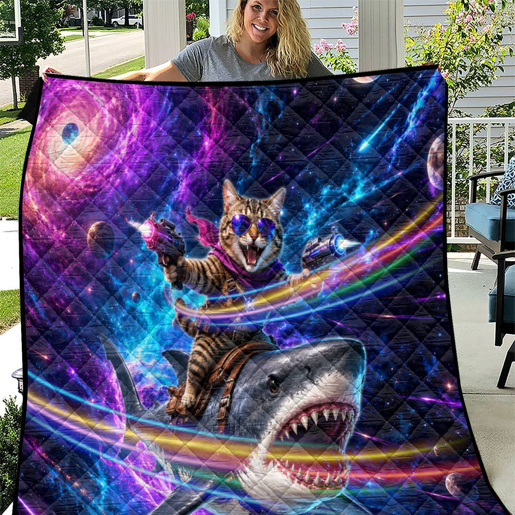 Cat Riding Shark In Space Quilt Funny Cosmic Laser Cat And Shark Surreal Sci-Fi