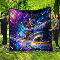 Cat Riding Shark In Space Quilt Funny Cosmic Laser Cat And Shark Surreal Sci-Fi