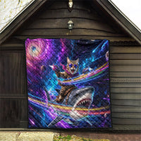 Cat Riding Shark In Space Quilt Funny Cosmic Laser Cat And Shark Surreal Sci-Fi