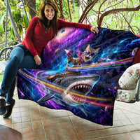 Cat Riding Shark In Space Quilt Funny Cosmic Laser Cat And Shark Surreal Sci-Fi