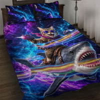 Cat Riding Shark In Space Quilt Bed Set Funny Cosmic Laser Cat And Shark Surreal Sci-Fi