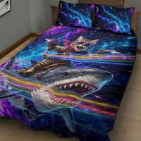 Cat Riding Shark In Space Quilt Bed Set Funny Cosmic Laser Cat And Shark Surreal Sci-Fi