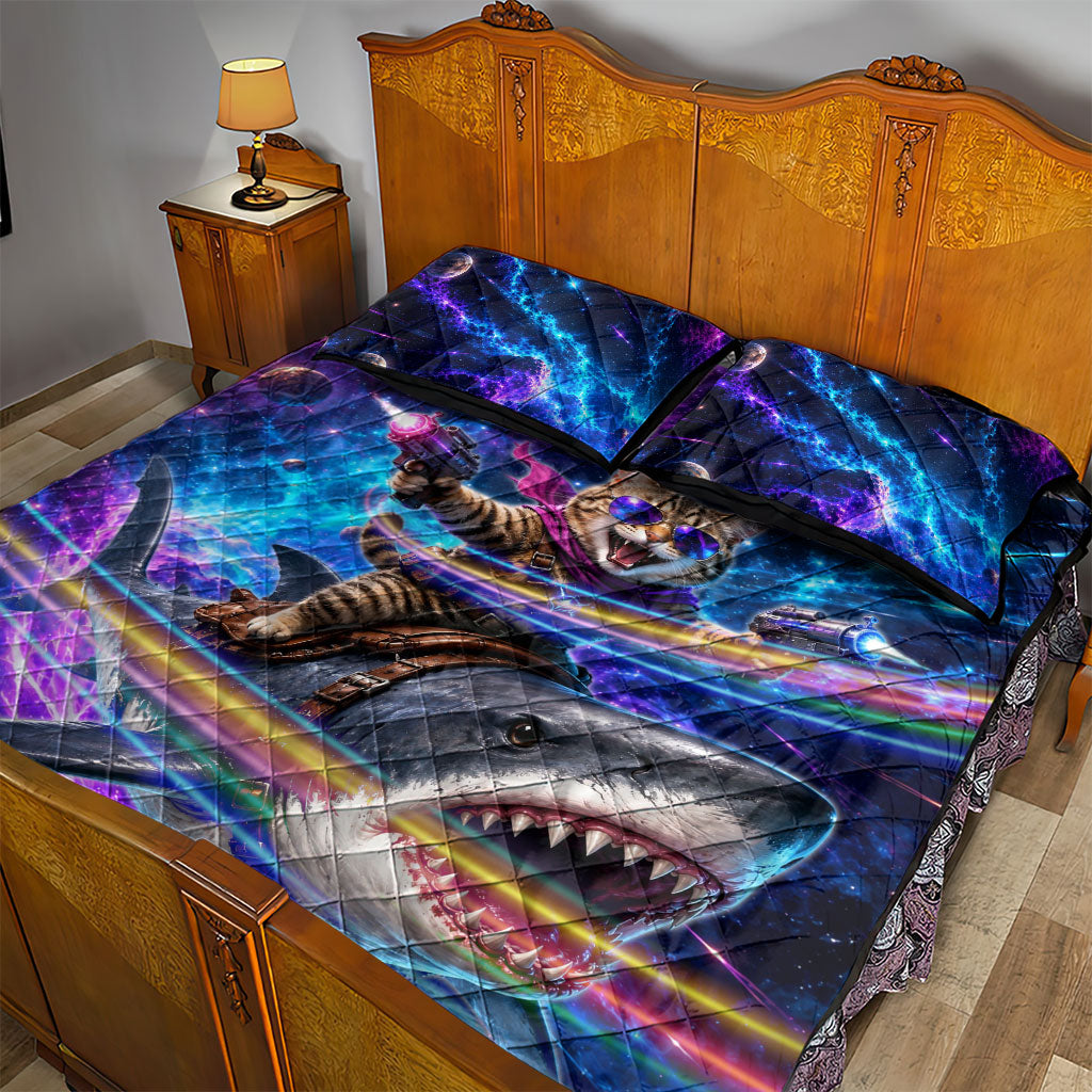 Cat Riding Shark In Space Quilt Bed Set Funny Cosmic Laser Cat And Shark Surreal Sci-Fi