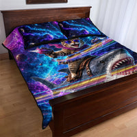 Cat Riding Shark In Space Quilt Bed Set Funny Cosmic Laser Cat And Shark Surreal Sci-Fi