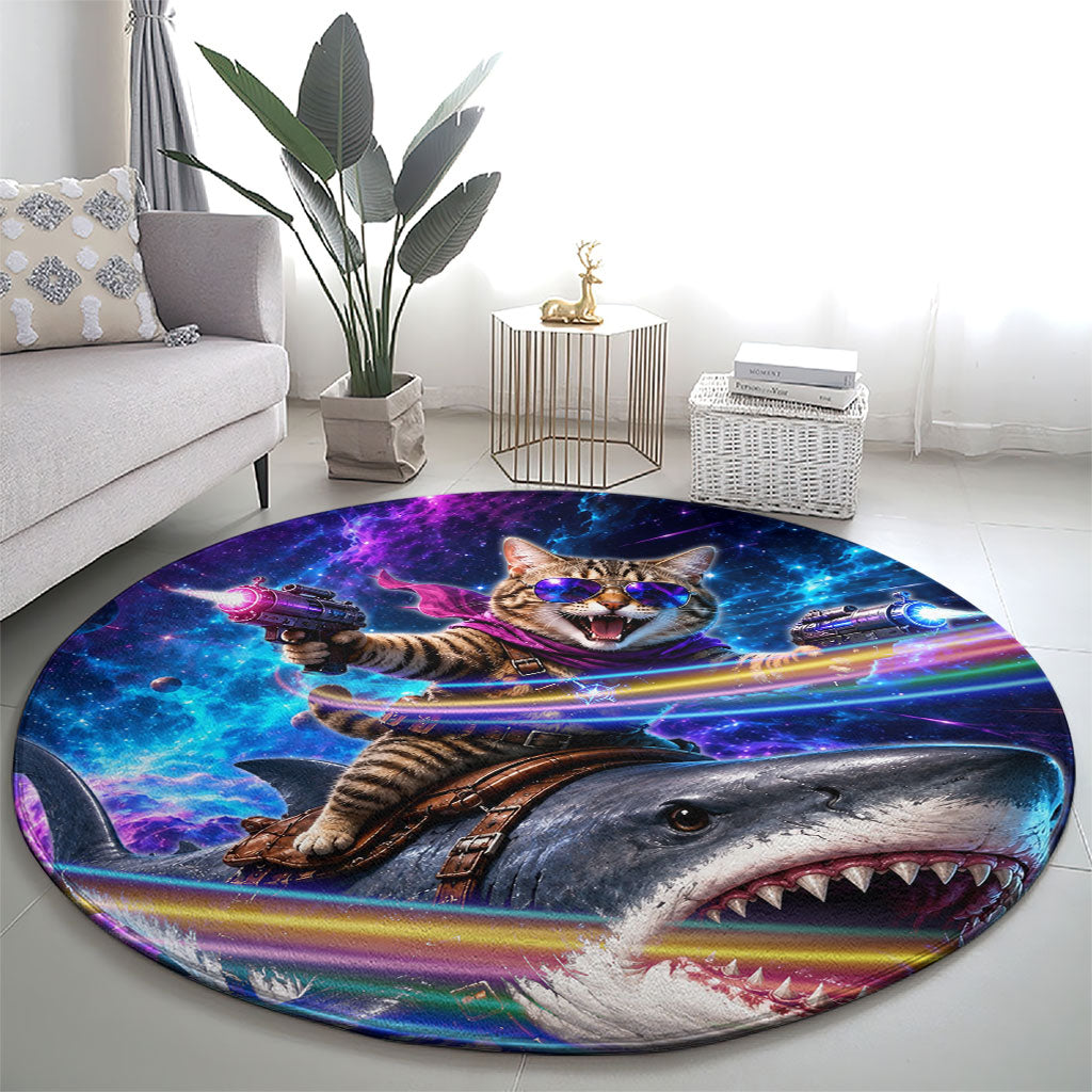 Cat Riding Shark In Space Round Carpet Funny Cosmic Laser Cat And Shark Surreal Sci-Fi