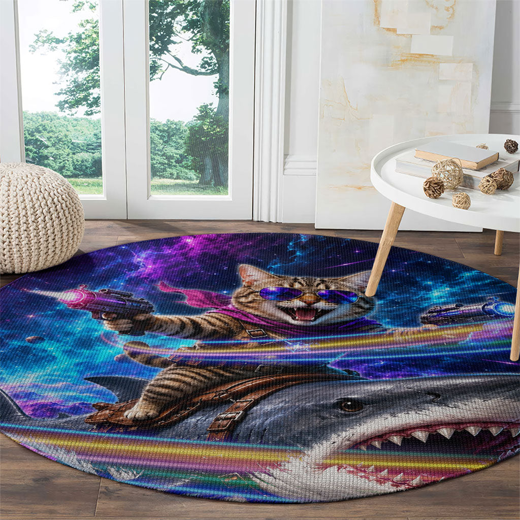 Cat Riding Shark In Space Round Carpet Funny Cosmic Laser Cat And Shark Surreal Sci-Fi