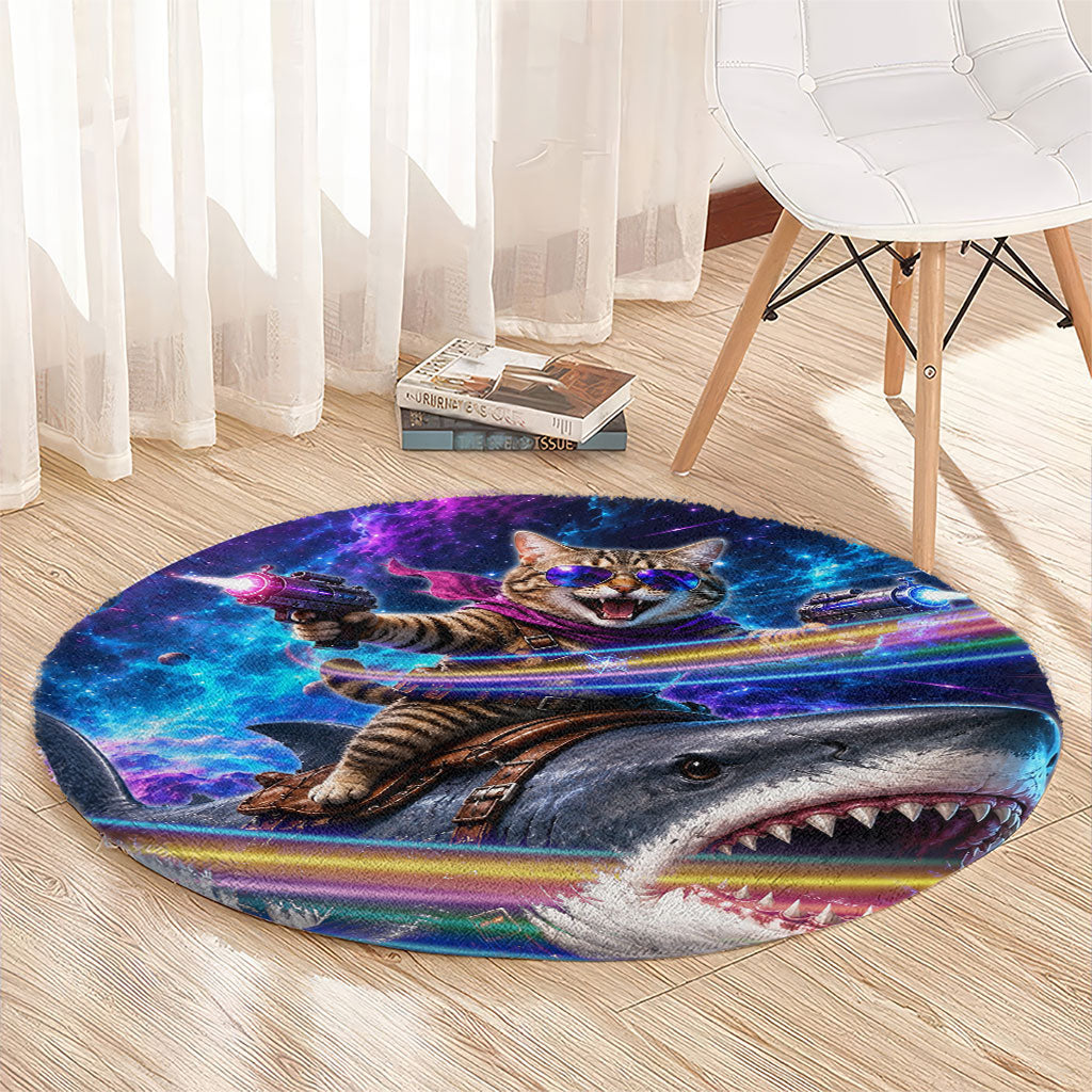 Cat Riding Shark In Space Round Carpet Funny Cosmic Laser Cat And Shark Surreal Sci-Fi