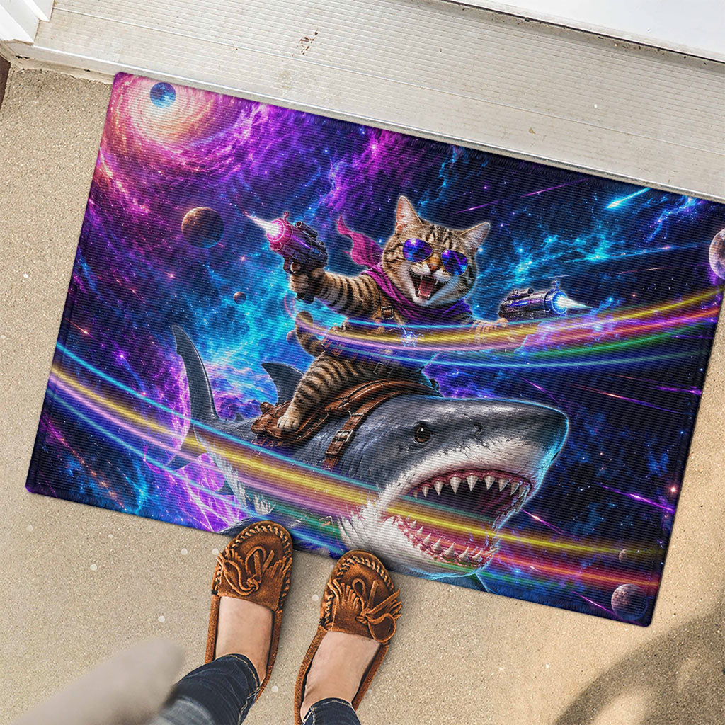Cat Riding Shark In Space Rubber Doormat Funny Cosmic Laser Cat And Shark Surreal Sci-Fi