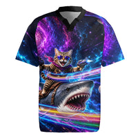 Cat Riding Shark In Space Rugby Jersey Funny Cosmic Laser Cat And Shark Surreal Sci-Fi