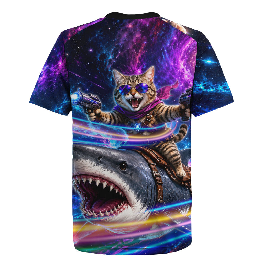 Cat Riding Shark In Space Rugby Jersey Funny Cosmic Laser Cat And Shark Surreal Sci-Fi