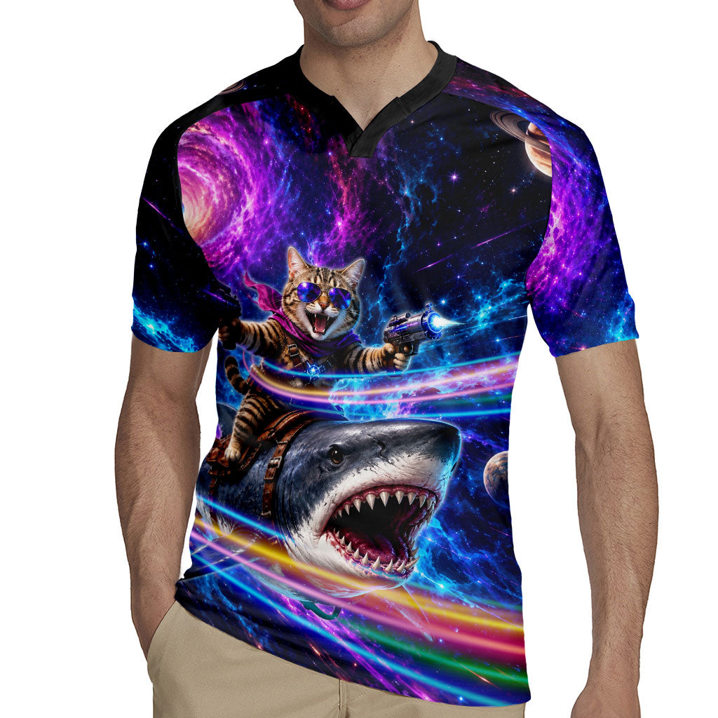 Cat Riding Shark In Space Rugby Jersey Funny Cosmic Laser Cat And Shark Surreal Sci-Fi