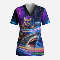 Cat Riding Shark In Space Scrub Top Funny Cosmic Laser Cat And Shark Surreal Sci-Fi