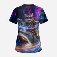 Cat Riding Shark In Space Scrub Top Funny Cosmic Laser Cat And Shark Surreal Sci-Fi