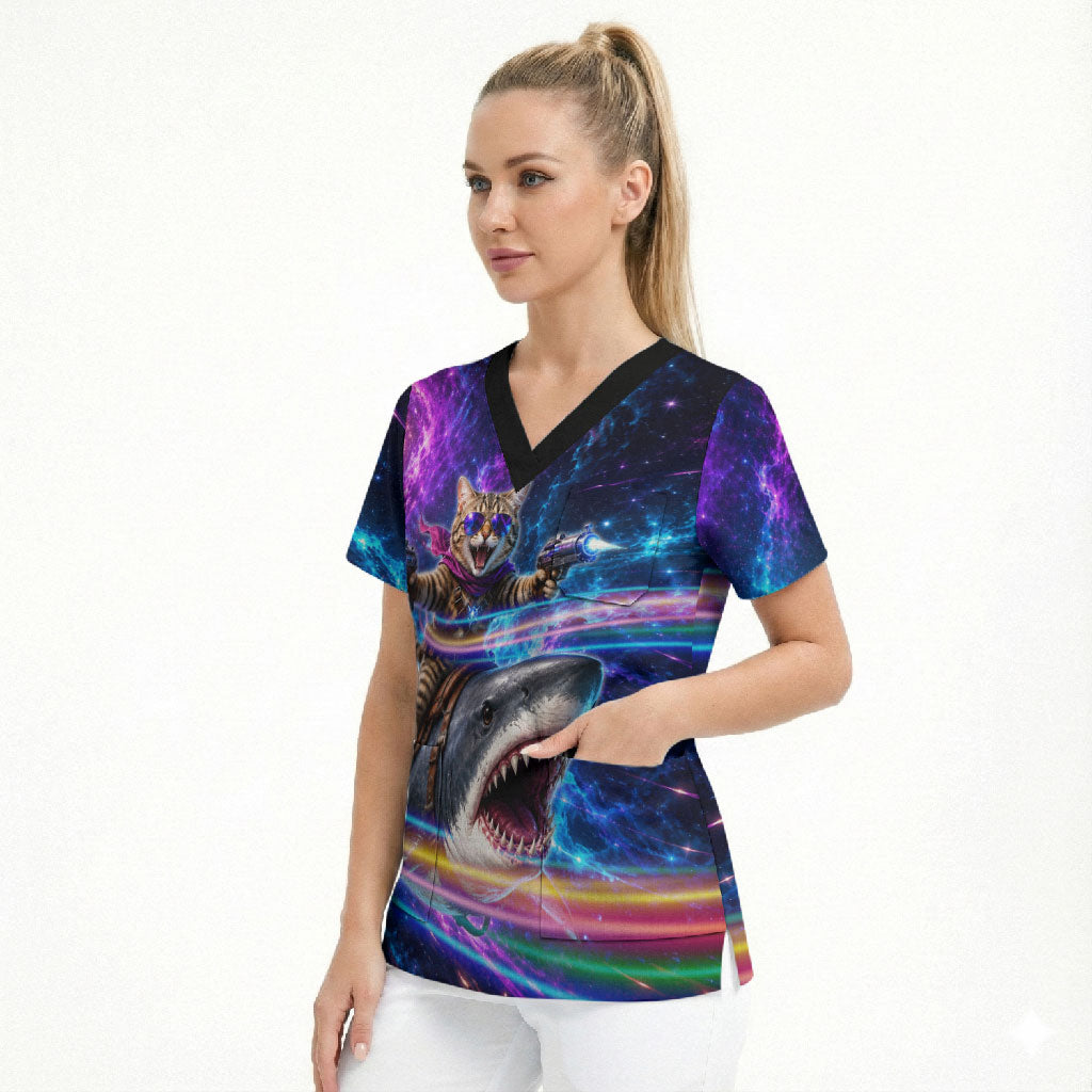 Cat Riding Shark In Space Scrub Top Funny Cosmic Laser Cat And Shark Surreal Sci-Fi