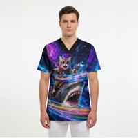 Cat Riding Shark In Space Scrub Top Funny Cosmic Laser Cat And Shark Surreal Sci-Fi