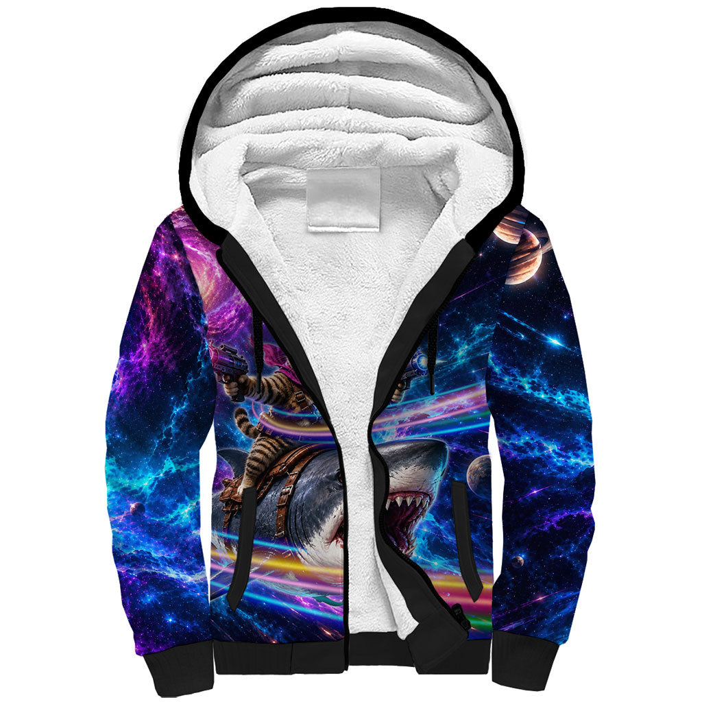 Cat Riding Shark In Space Sherpa Hoodie Funny Cosmic Laser Cat And Shark Surreal Sci-Fi
