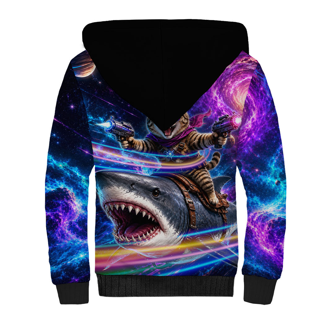 Cat Riding Shark In Space Sherpa Hoodie Funny Cosmic Laser Cat And Shark Surreal Sci-Fi