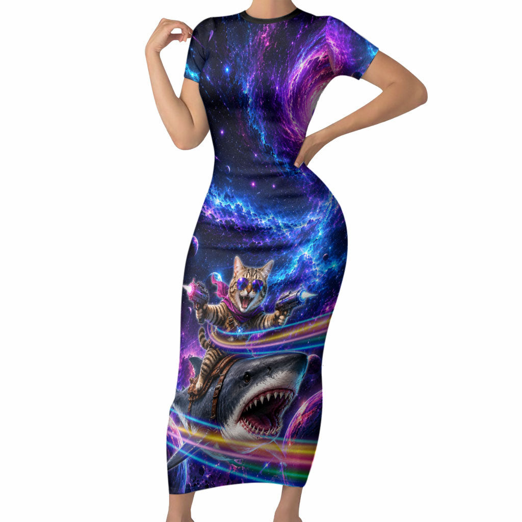 Cat Riding Shark In Space Short Sleeve Bodycon Dress Funny Cosmic Laser Cat And Shark Surreal Sci-Fi