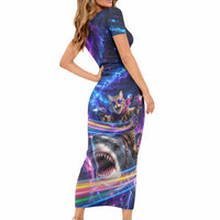 Cat Riding Shark In Space Short Sleeve Bodycon Dress Funny Cosmic Laser Cat And Shark Surreal Sci-Fi