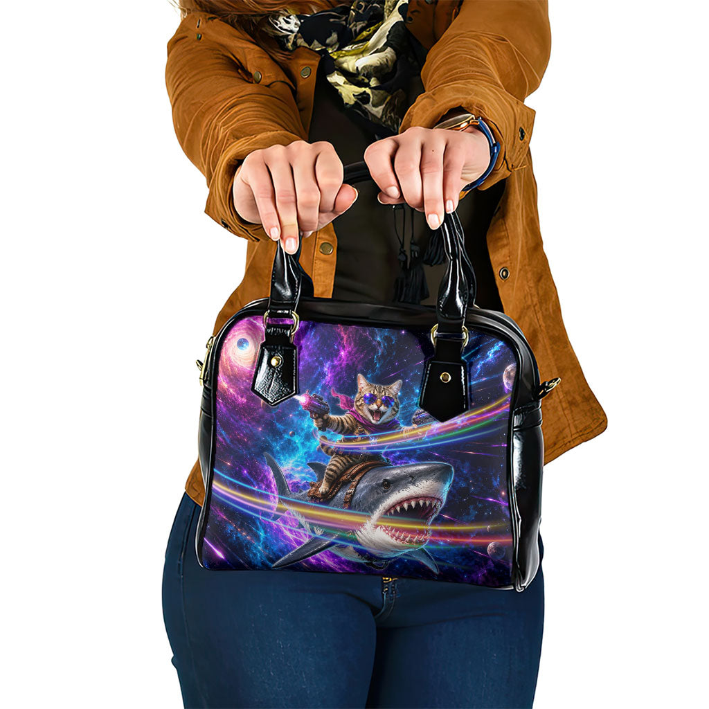 Cat Riding Shark In Space Shoulder Handbag Funny Cosmic Laser Cat And Shark Surreal Sci-Fi
