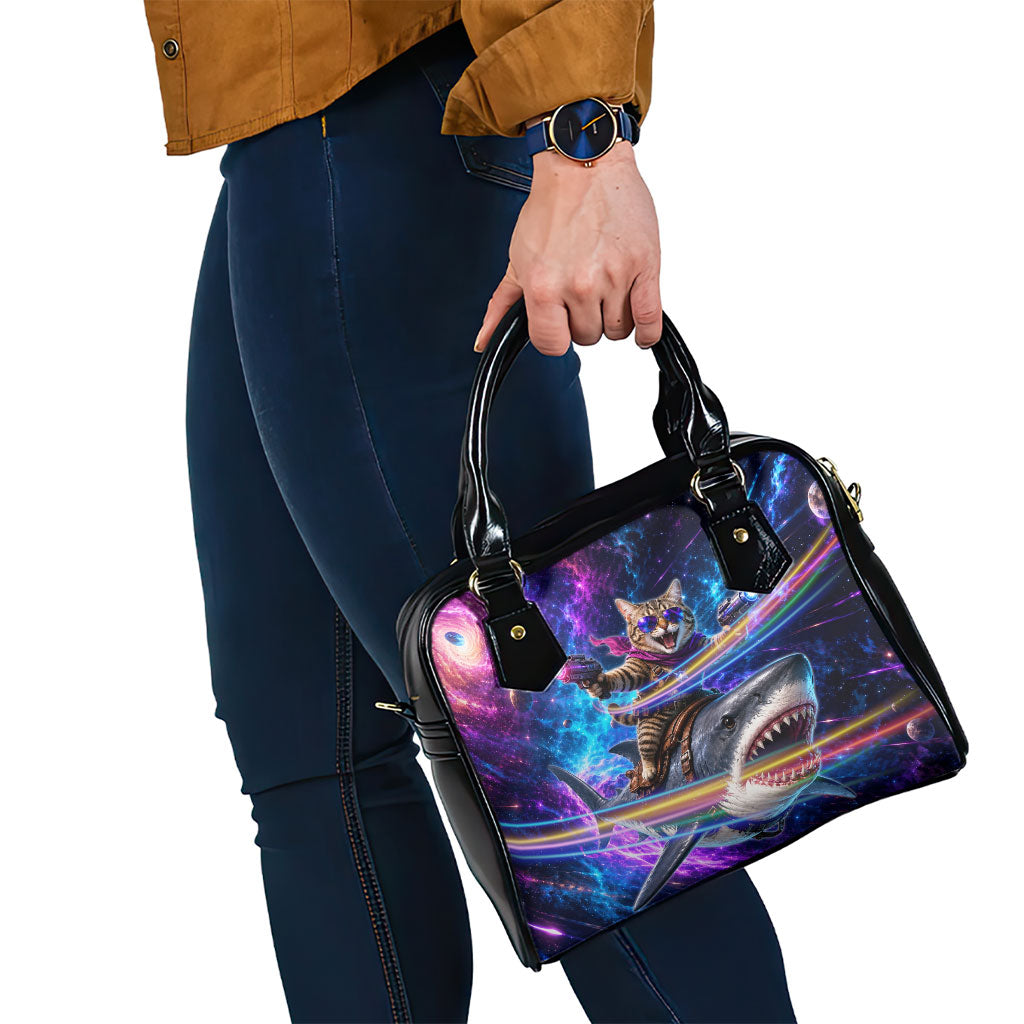 Cat Riding Shark In Space Shoulder Handbag Funny Cosmic Laser Cat And Shark Surreal Sci-Fi