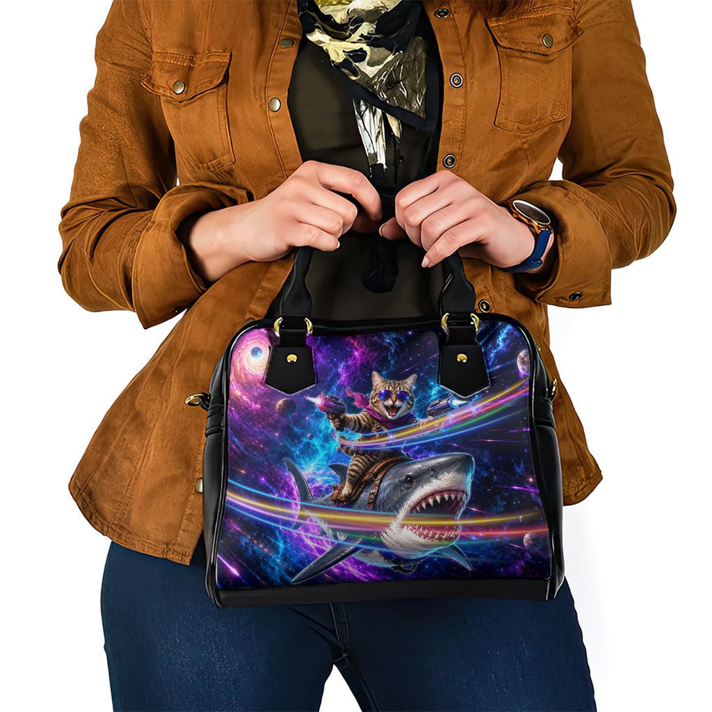 Cat Riding Shark In Space Shoulder Handbag Funny Cosmic Laser Cat And Shark Surreal Sci-Fi