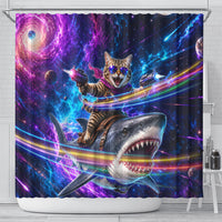 Cat Riding Shark In Space Shower Curtain Funny Cosmic Laser Cat And Shark Surreal Sci-Fi