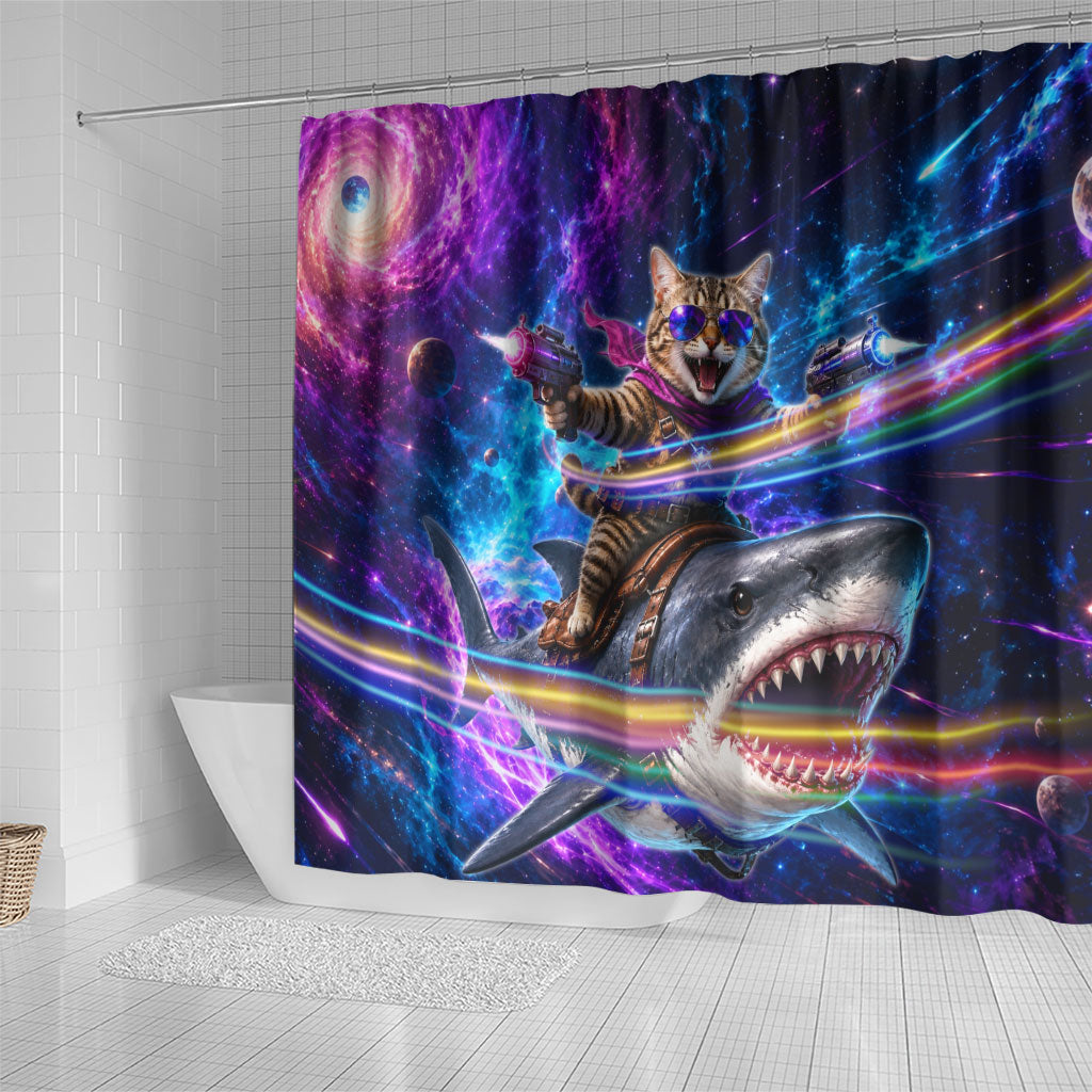 Cat Riding Shark In Space Shower Curtain Funny Cosmic Laser Cat And Shark Surreal Sci-Fi