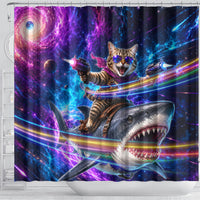 Cat Riding Shark In Space Shower Curtain Funny Cosmic Laser Cat And Shark Surreal Sci-Fi